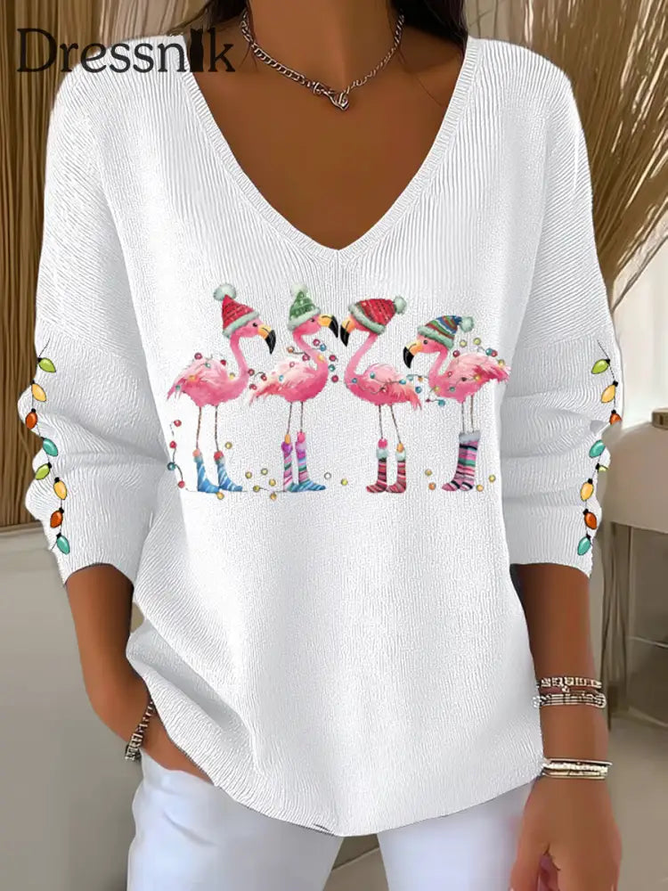 Damen Flamingo mit Weihnachts mütze bedruckte Tops Weiß / S