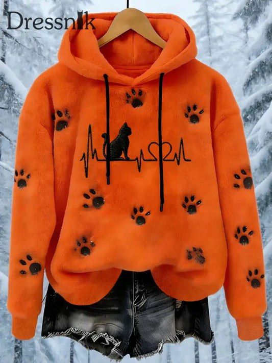 Damen Flanell Katze Pfoten Print Hoodie Orange / S