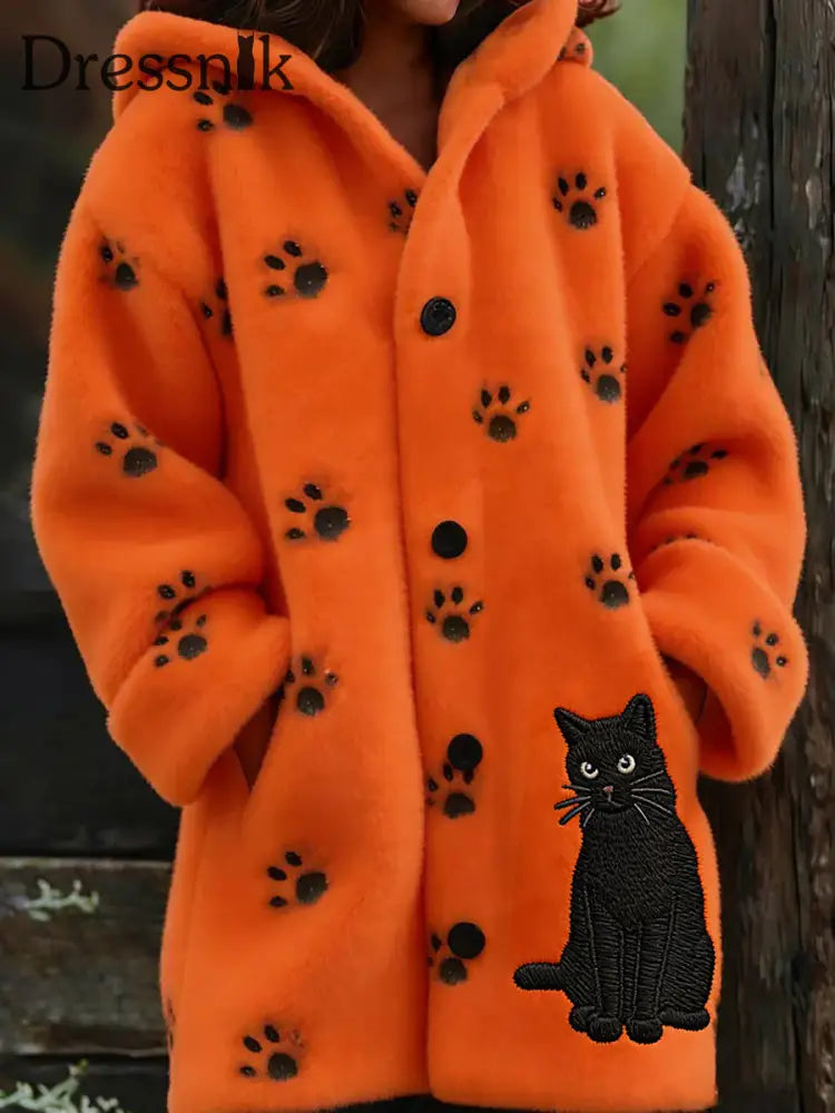 Damen Flanell Katzen Pfoten Print Mäntel Orange / S
