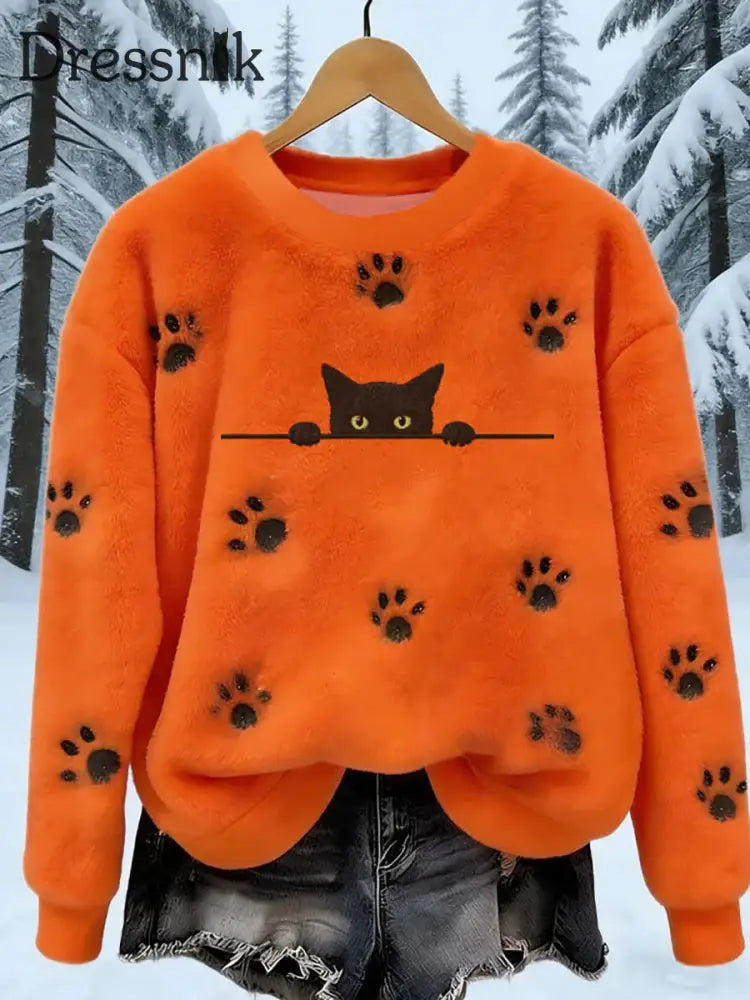 Damen Flanell Katzen Pfoten Print Sweatshirt Orange / S