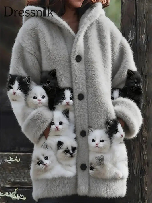 Damen Flanell niedliche Katzen-Print-Mäntel als bild / S