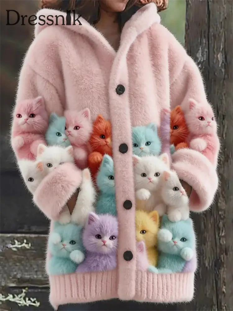 Damen Flanell niedliche Katzen-Print-Mäntel als bild / S