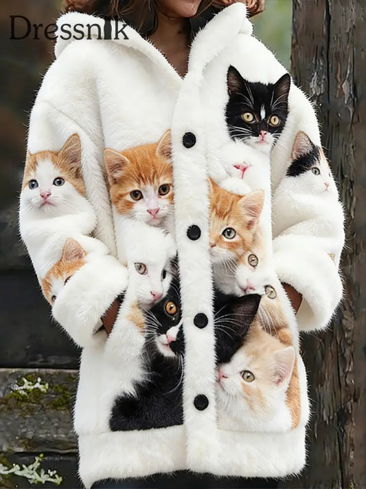 Damen Flanell niedliche Katzen-Print-Mäntel als bild / S