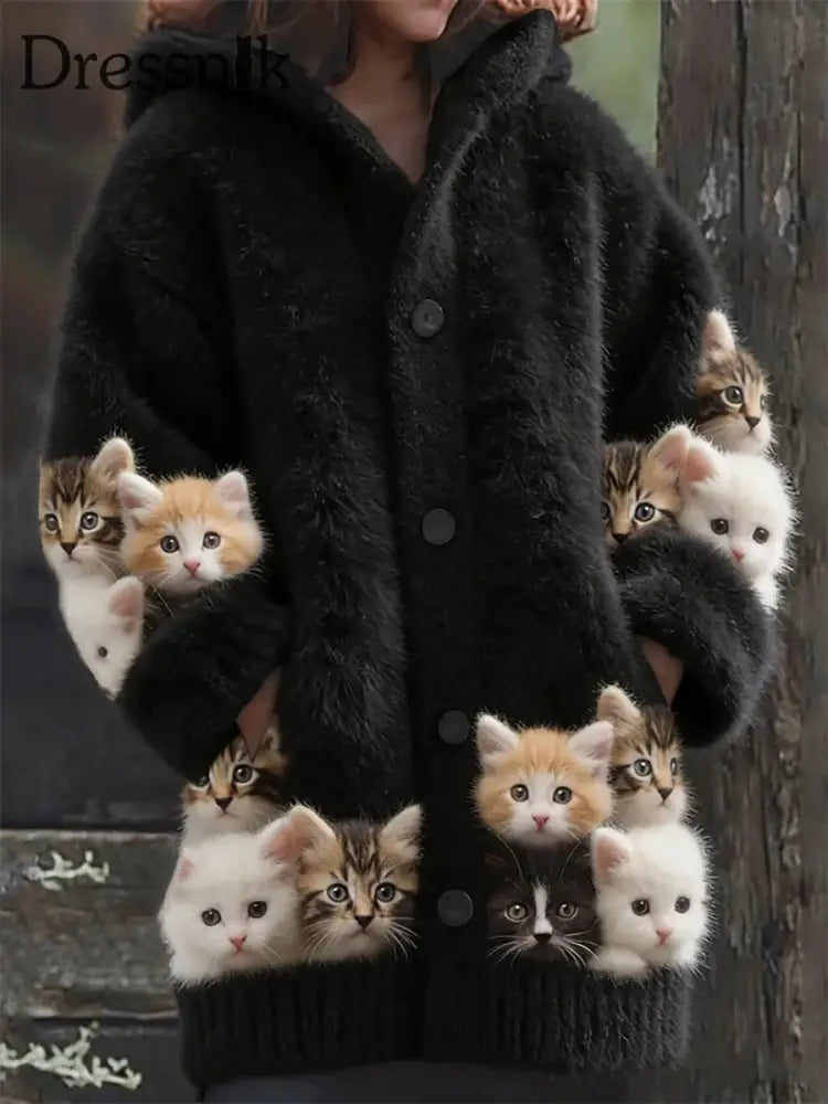 Damen Flanell niedliche Katzen-Print-Mäntel als bild / S