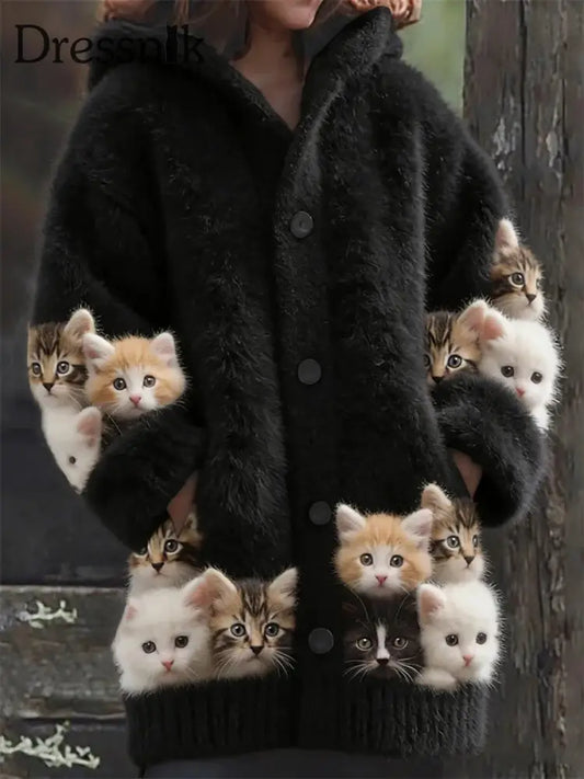 Damen Flanell niedliche Katzen-Print-Mäntel als bild / S