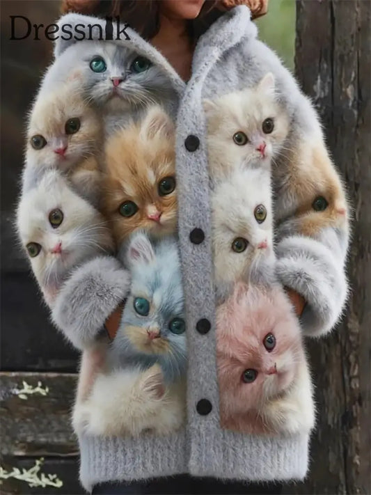 Damen Flanell niedliche Katzen-Print-Mäntel als bild / S