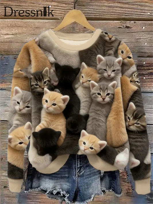 Damen-Flanell-Sweatshirt mit süßem Katzen druck als bild / S