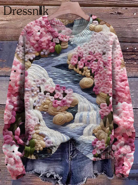 Damen Floral River Stickerei 3D-Druck Rundhals Langarm Lose Bequeme Strick Pullover Als Foto / S