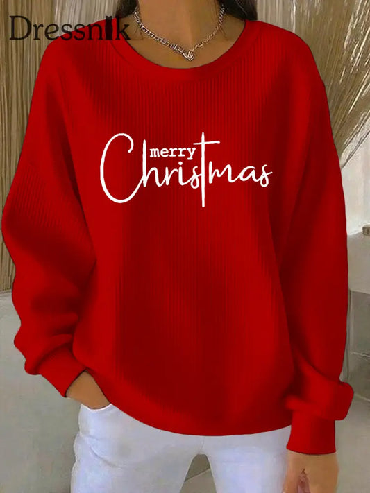 Damen Frohe Weihnachten Kreuz druck Geripptes Rundhals-Sweatshirt Rot / S