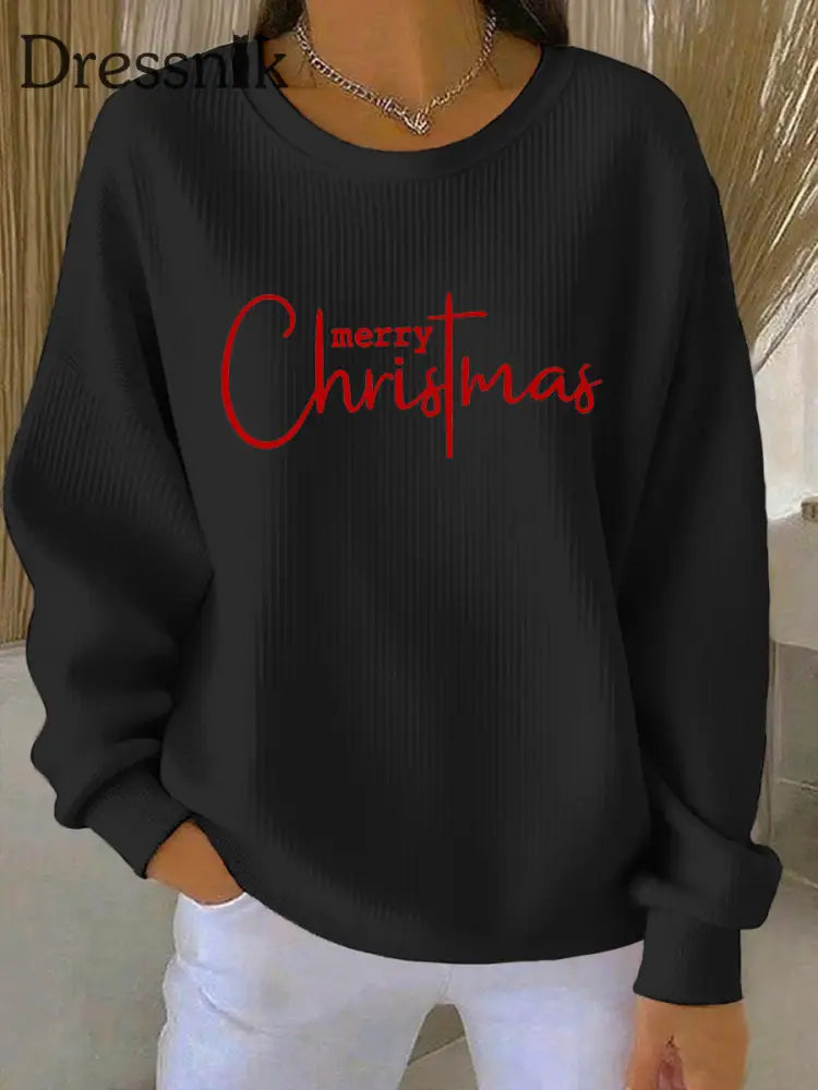 Damen Frohe Weihnachten Kreuz druck Geripptes Rundhals-Sweatshirt Schwarz / S