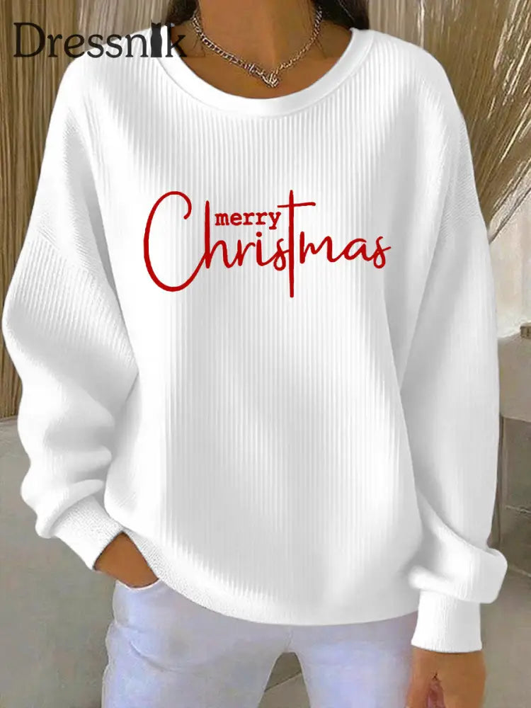 Damen Frohe Weihnachten Kreuz druck Geripptes Rundhals-Sweatshirt Weiß / S