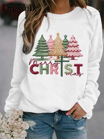 Damen Frohe Weihnachten Rosa Weihnachts baum Print Casual Sweatshirt Weiß / S