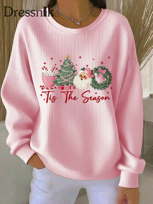 Damen Frohe Weihnachten Weihnachten Weihnachts mann Weihnachts mann Weihnachts baum Druck Gerippter Rundhals-Sweatshirt