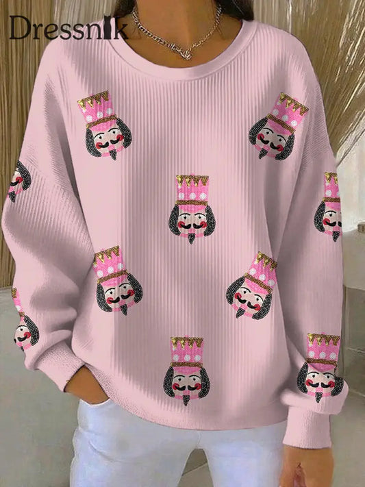 Damen Frohe Weihnachts druck Geripptes Rundhals-Sweatshirt Rosa / S