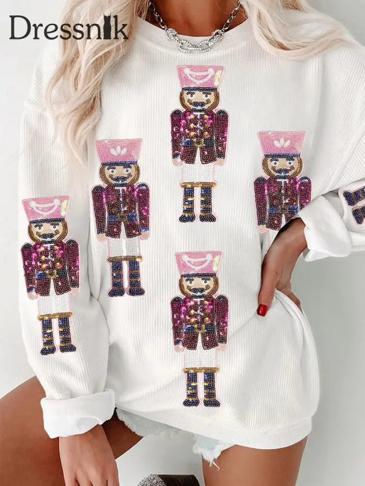 Damen Frohe Weihnachts druck Geripptes Rundhals-Sweatshirt Weiß / S