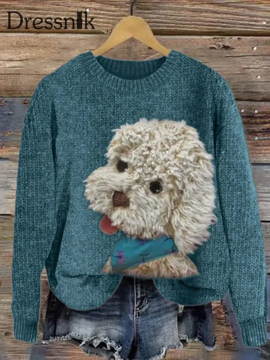 Damen Fuzzy Dog Plüsch Patchwork Strick pullover Blau / S