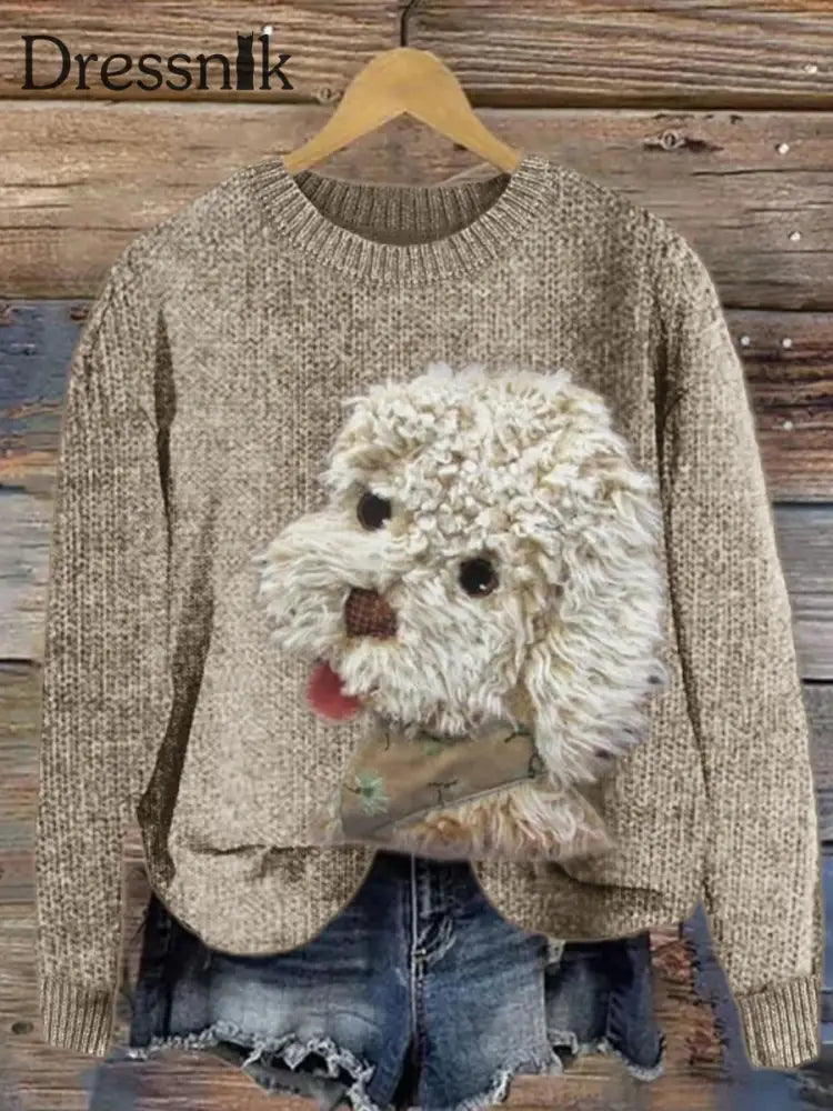 Damen Fuzzy Dog Plüsch Patchwork Strick pullover Khaki / S