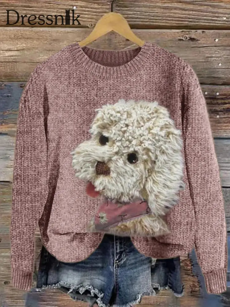 Damen Fuzzy Dog Plüsch Patchwork Strick pullover Rosa / S