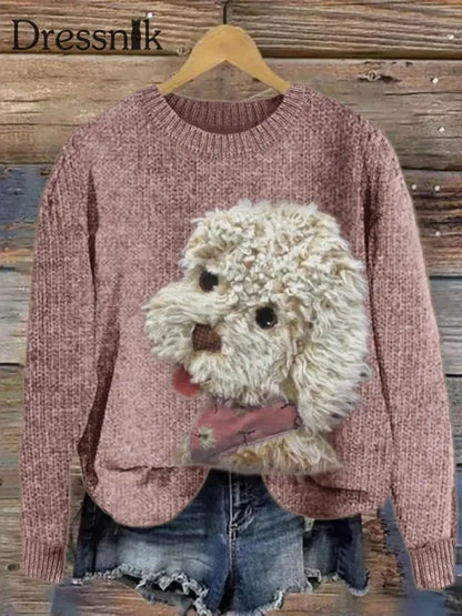 Damen Fuzzy Dog Plüsch Patchwork Strick pullover Rosa / S