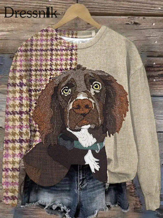 Damen-Garten-Stoff-Patchwork-Sweatshirt Mit Niedlichem Hund Locker Bedruckt Langärmliges