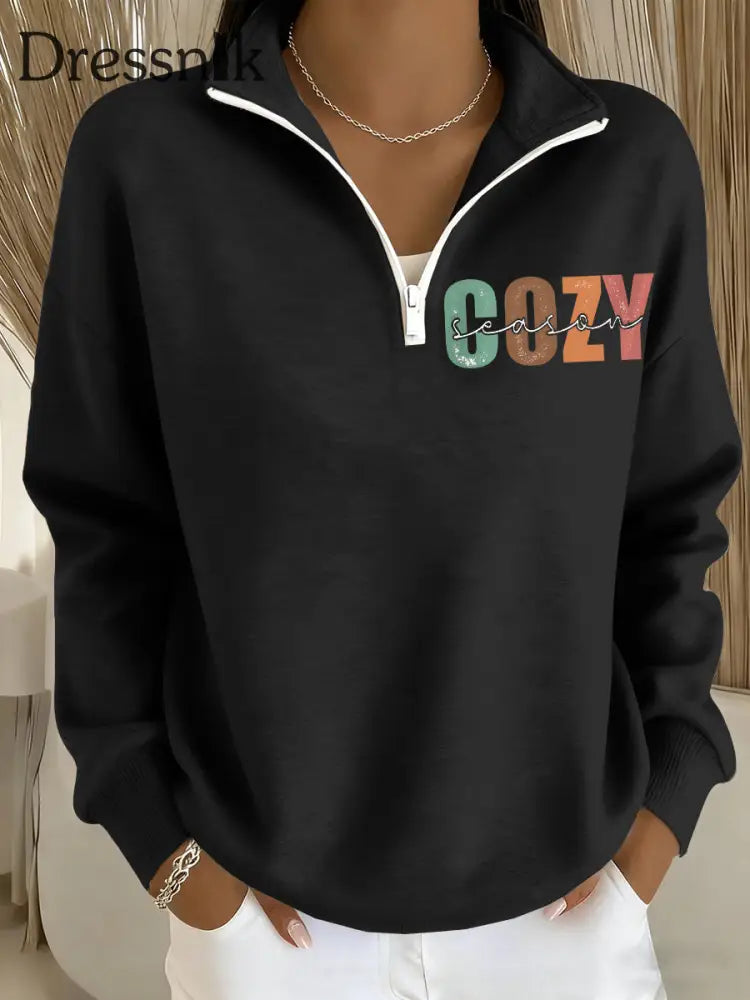 Damen gemütliches Saison bedrucktes lässiges langärmliges Sweatshirt Schwarz / S