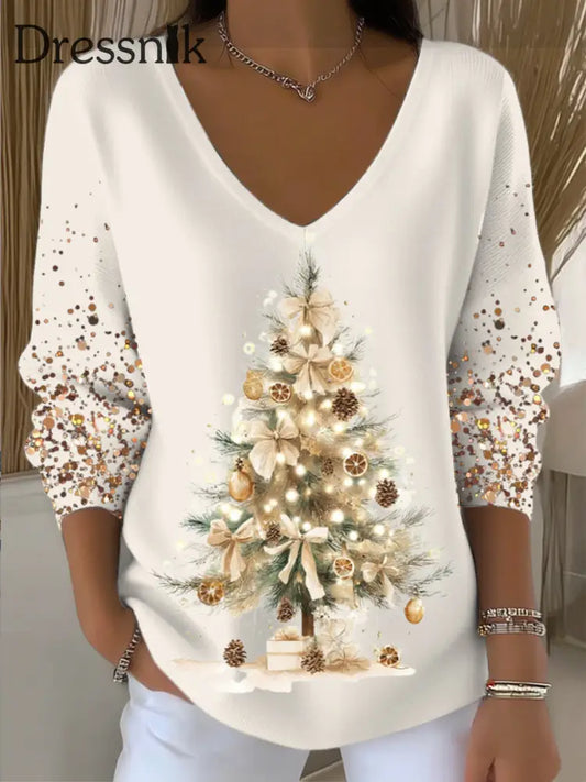 Damen Glitzerndes Gold Weihnachts baum Print V-Ausschnitt Pullover mehrfarbig / S