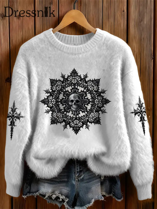 Damen Gothic Weihnachten bedruckt Rundhals Bequem Pullover Weiß / S