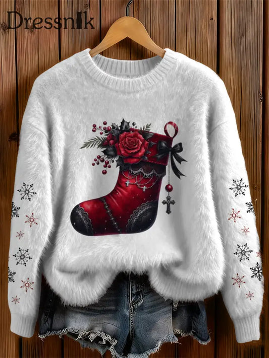 Damen Gothic Weihnachten bedruckt Rundhals Bequem Pullover Weiß / S