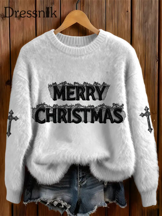 Damen Gothic Weihnachten bedruckt Rundhals Bequem Pullover Weiß / S
