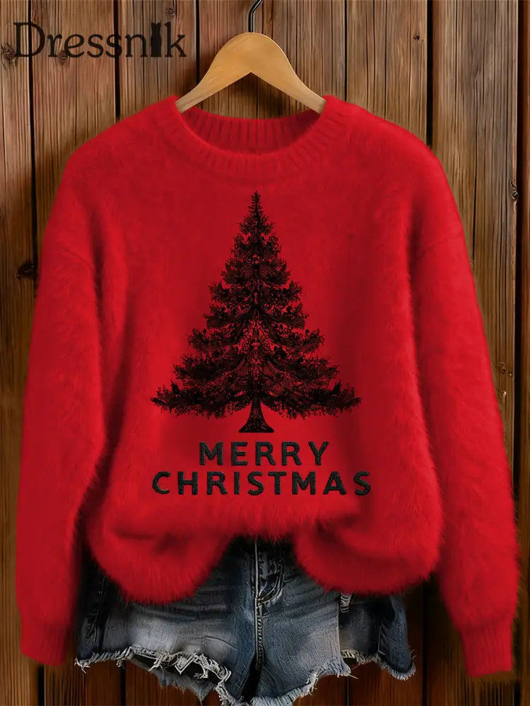 Damen Gothic Weihnachts baum Bedruckte Rundhals Bequem Pullover Rot / S