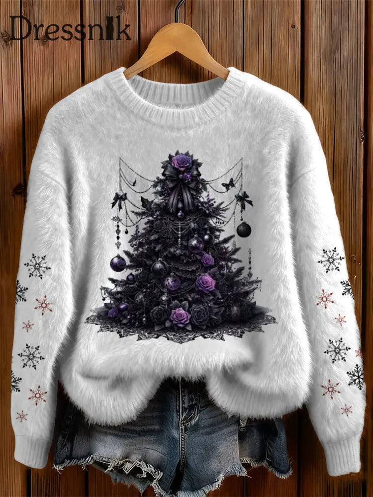 Damen Gothic Weihnachts baum Bedruckte Rundhals Bequem Pullover Weiß / S