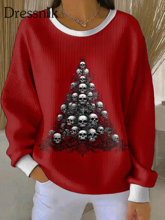 Damen Gothic Weihnachts bedrucktes Rundhals-Sweatshirt mit langen Ärmeln Rot / S