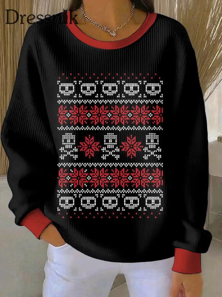 Damen Gothic Weihnachts bedrucktes Rundhals-Sweatshirt mit langen Ärmeln Schwarz / S