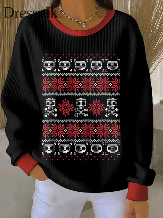 Damen Gothic Weihnachts bedrucktes Rundhals-Sweatshirt mit langen Ärmeln Schwarz / S