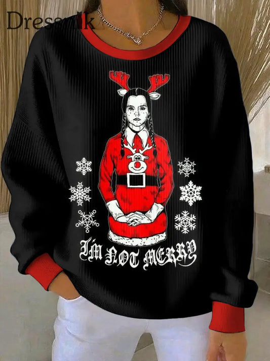 Damen Gothic Weihnachts bedrucktes Rundhals-Sweatshirt mit langen Ärmeln Schwarz / S
