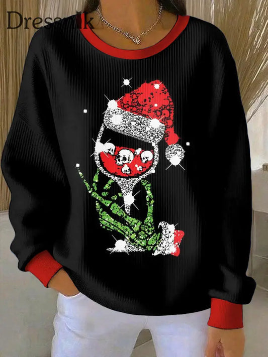Damen Gothic Weihnachts bedrucktes Rundhals-Sweatshirt mit langen Ärmeln Schwarz / S