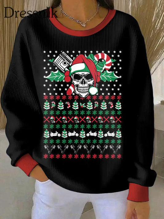 Damen Gothic Weihnachts bedrucktes Rundhals-Sweatshirt mit langen Ärmeln Schwarz / S