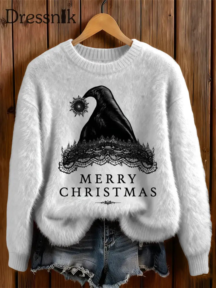 Damen Gothic Weihnachts mütze Kreuz bedruckt Rundhals Bequem Pullover Weiß / S