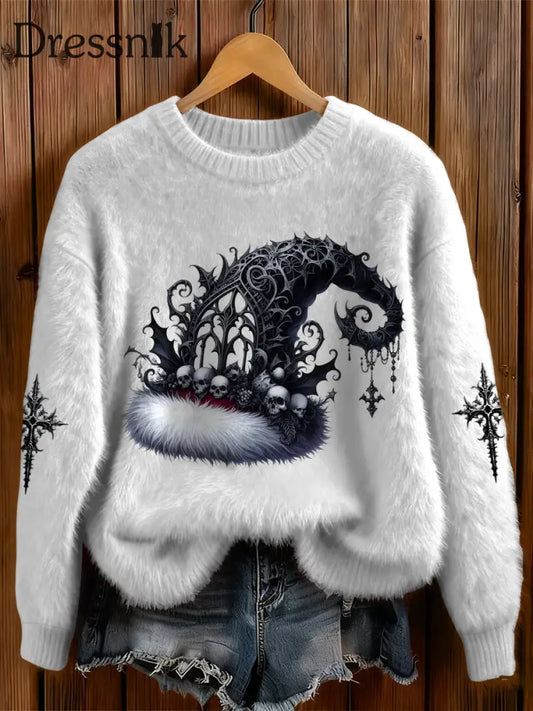 Damen Gothic Weihnachts mütze Kreuz bedruckt Rundhals Bequem Pullover Weiß / S
