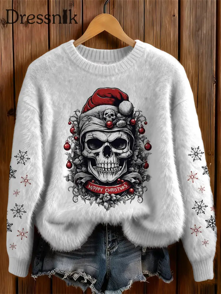 Damen Gothic Weihnachts schädel Bedruckt Rundhals Bequem Pullover Weiß / S