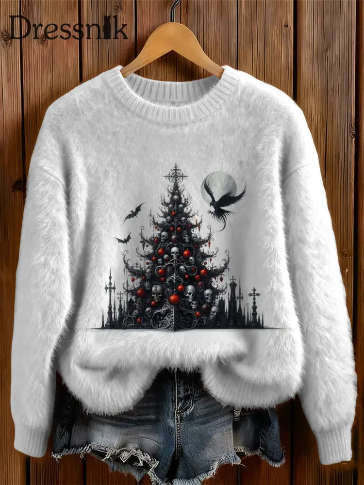Damen Gothic Weihnachtsbaum-Kreuz bedruckter Rundhals-Pullover Weiß / S