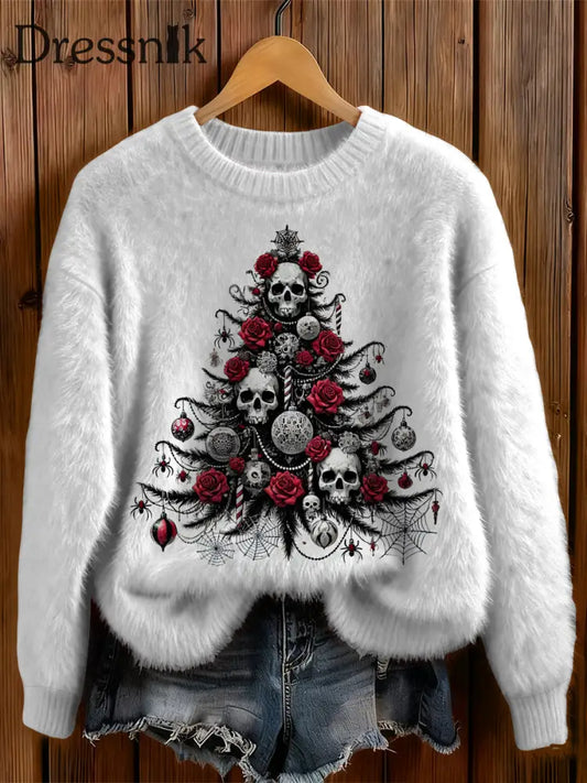 Damen Gothic Weihnachtsbaum-Kreuz bedruckter Rundhals-Pullover Weiß / S