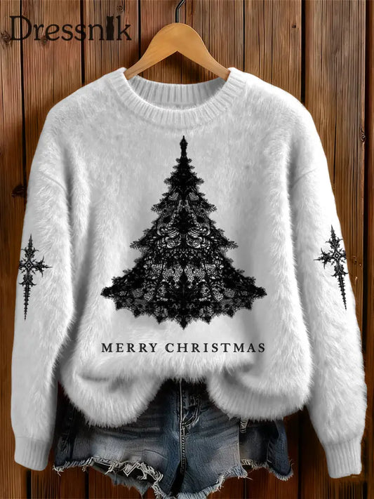 Damen Gothic Weihnachtsbaum-Kreuz bedruckter Rundhals-Pullover Weiß / S