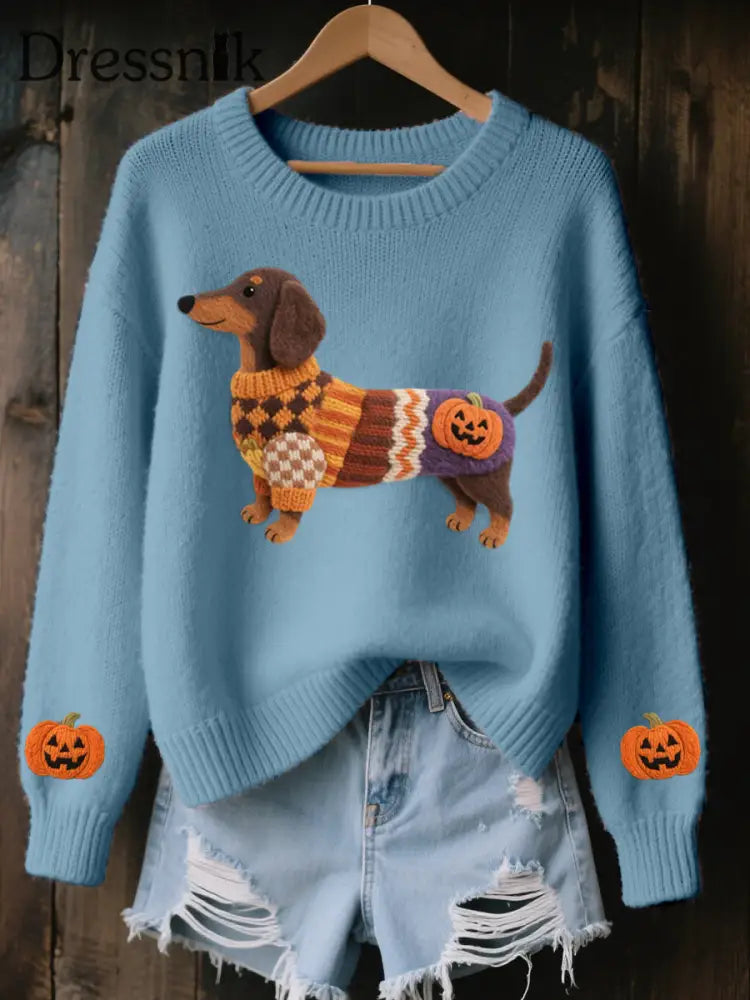 Damen Halloween inspirierte Dackel Filz kunst Gemütliche Strick pullover Blau / S