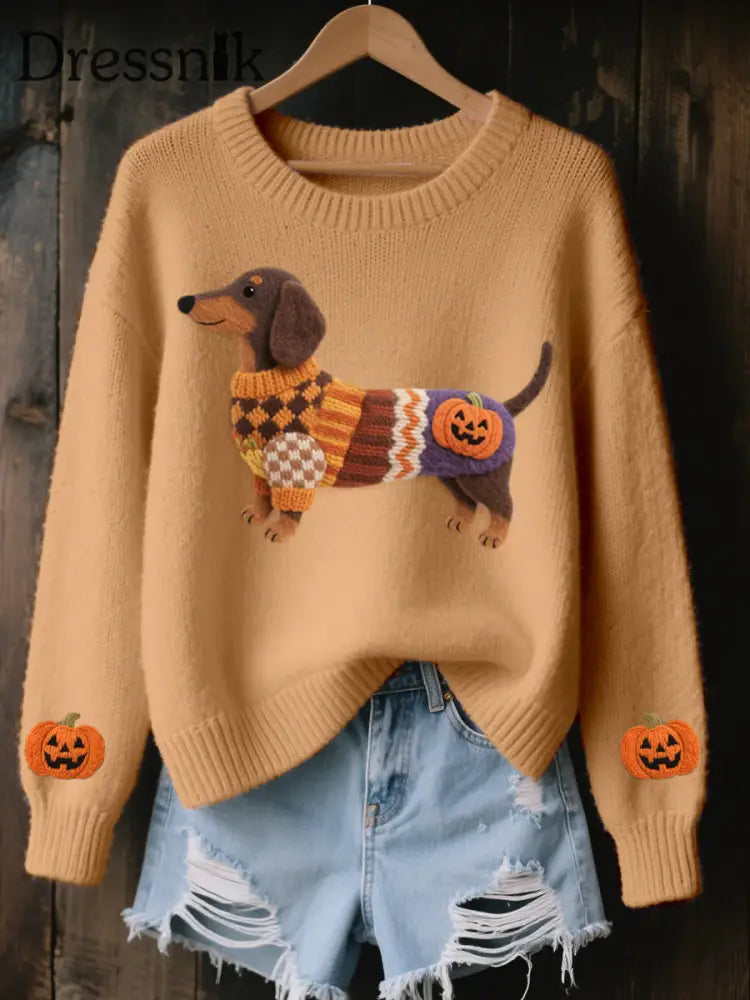 Damen Halloween inspirierte Dackel Filz kunst Gemütliche Strick pullover Hellbraun / S
