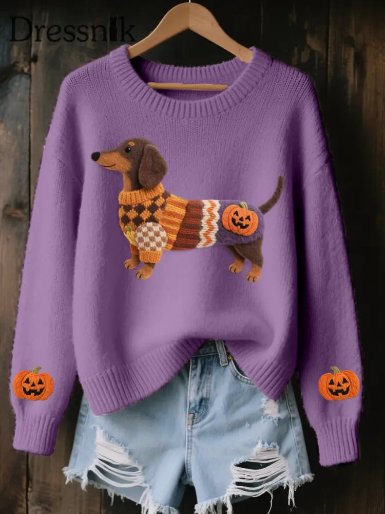 Damen Halloween inspirierte Dackel Filz kunst Gemütliche Strick pullover Lila / S