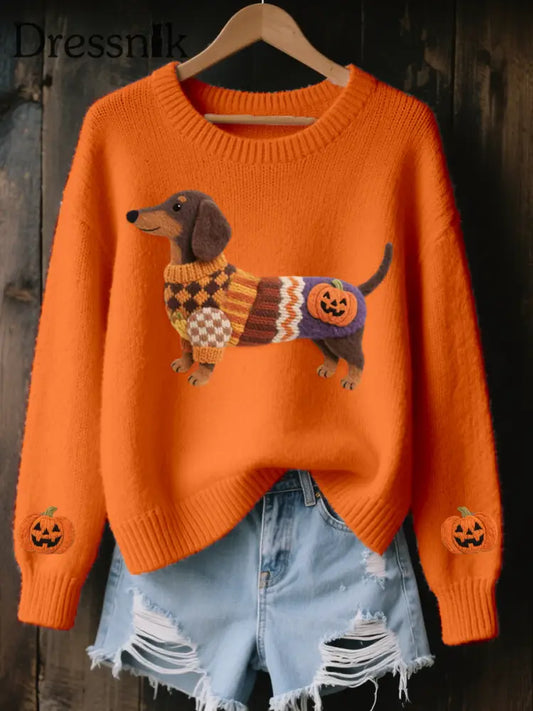 Damen Halloween inspirierte Dackel Filz kunst Gemütliche Strick pullover Orange / S