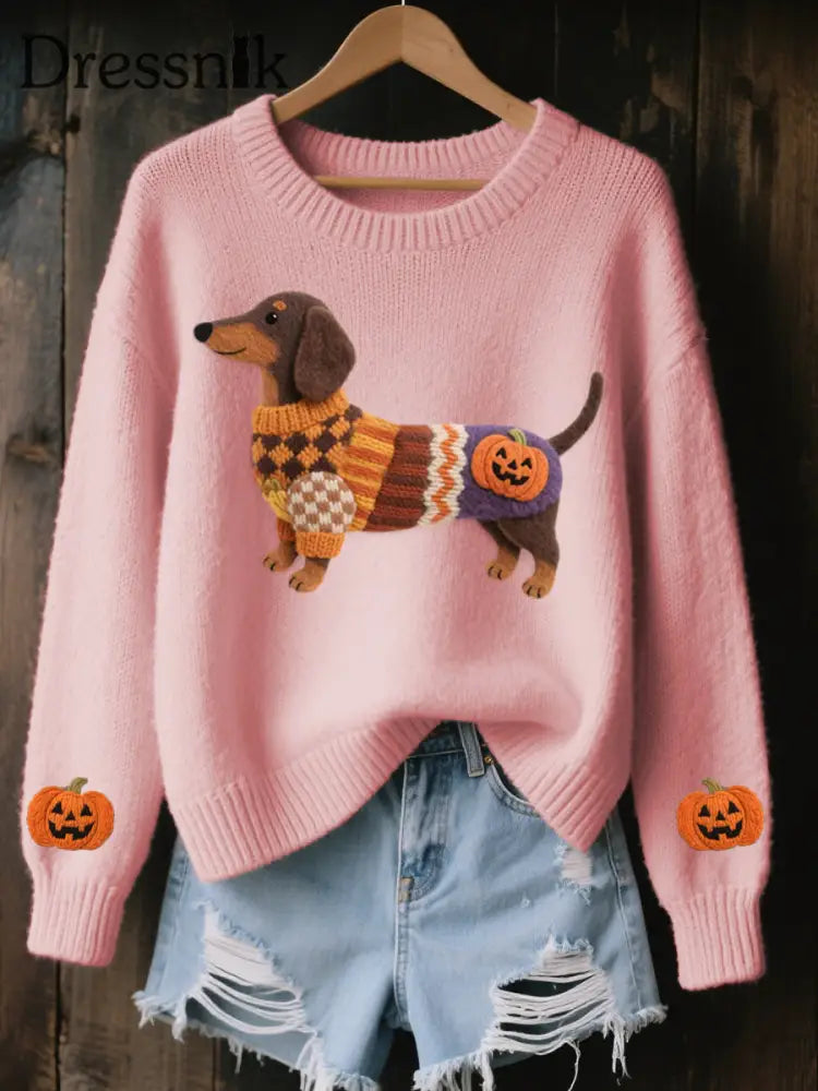 Damen Halloween inspirierte Dackel Filz kunst Gemütliche Strick pullover Rosa / S