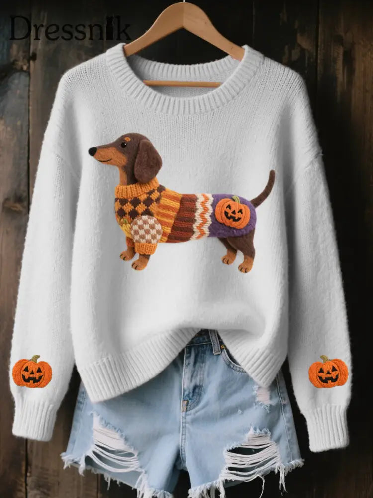 Damen Halloween inspirierte Dackel Filz kunst Gemütliche Strick pullover Weiß / S