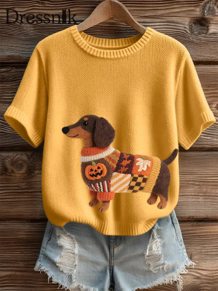 Damen Halloween inspirierte Dackel Filz kunst Gemütliches Strick oberteil Gelb / S